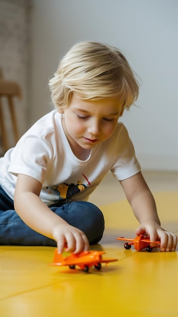 Front view blonde boy in white t shirt playing with toy orange planes on the yellow floor