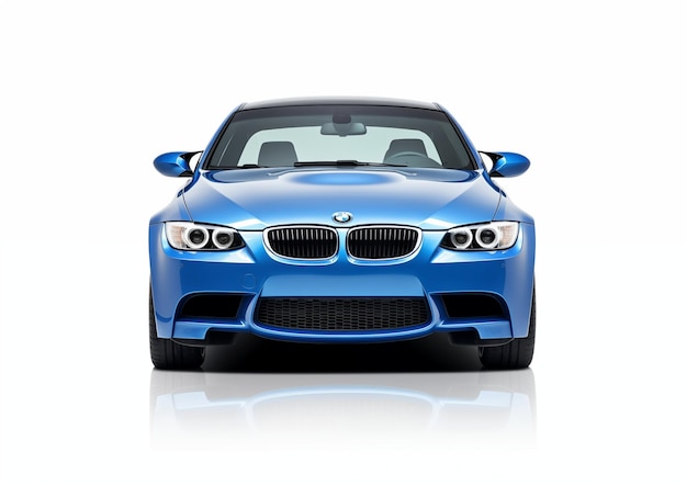 Front View Of A Blue BMW Car On A White Background