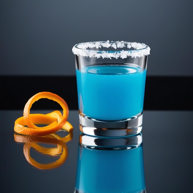 Photo front view of blue cocktail in shot glass with orange peel and salt rim