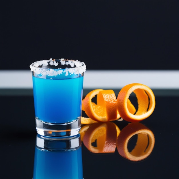 Photo front view of blue cocktail in shot glass with orange peel and salt rim