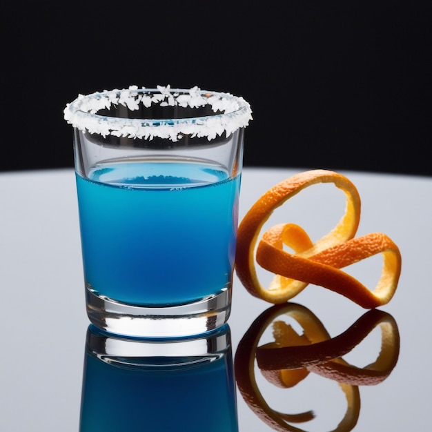 Photo front view of blue cocktail in shot glass with orange peel and salt rim