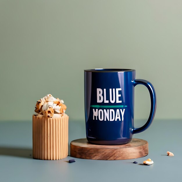 Photo front view blue monday composition with mug