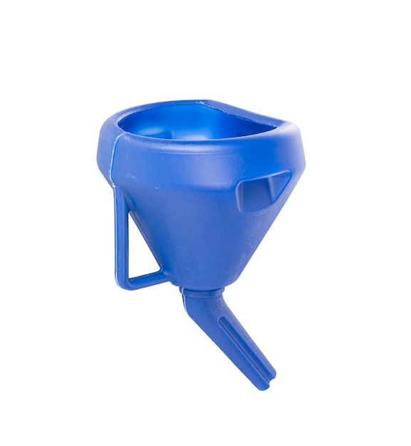 Photo front view of blue plastic funnel for liquids isolated on white background