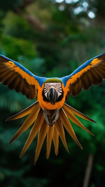 Front view of a blue and yellow macaw ara ararauna flying isolated