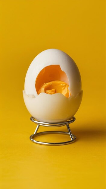 Photo a front view boiled egg white whole and inside little stand on yellow food meal color