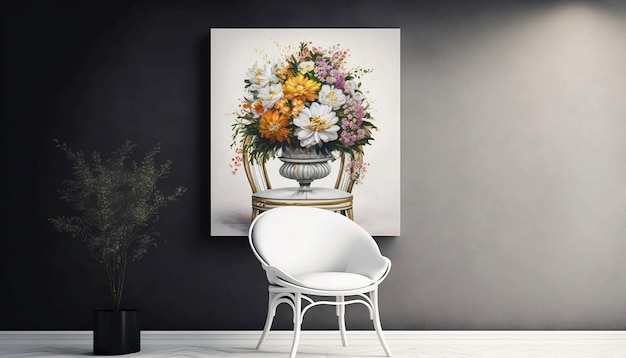 Front view of bouquet of flowers on white chair