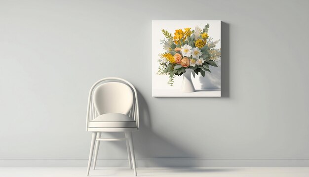 Front view of bouquet of flowers on white chair