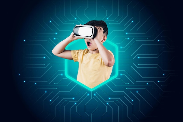 Front view of boy having fun with virtual reality headset