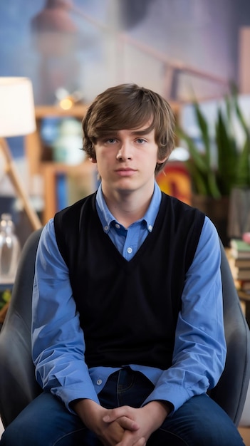 Photo front view boy sitting in studio