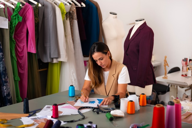 Front view brazilian woman working as clothing designer