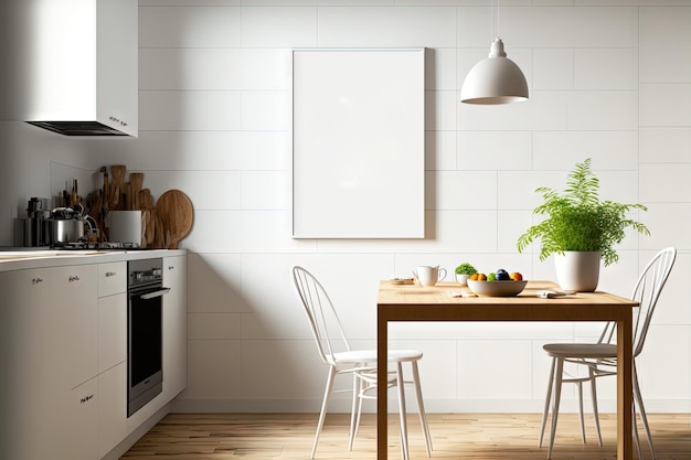 Front view on bright kitchen room interior with empty white poster tile wall hardwood floor dining table with chair book sink gas cooker oil Concept of minimalist design Mock up