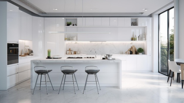 Front view on bright kitchen room interior with white glossy fasades kitchen island with bar stools panoramic window modern kitchen appliances Concept of minimalist design 3D rendering