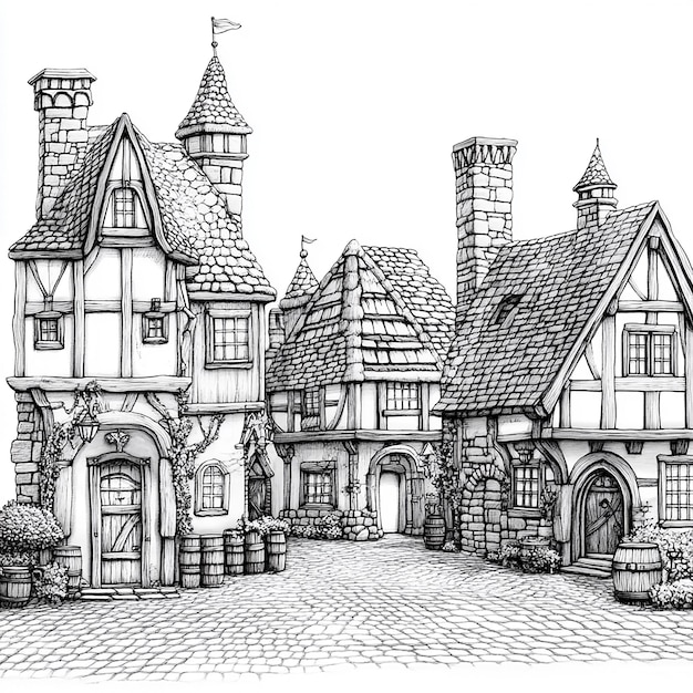 Photo front view building for a fantasy map black and white with white background