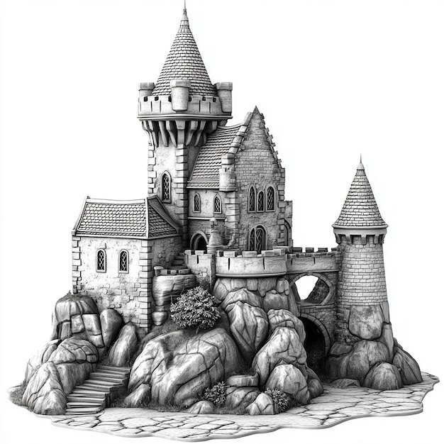 Photo front view building for a fantasy map black and white with white background