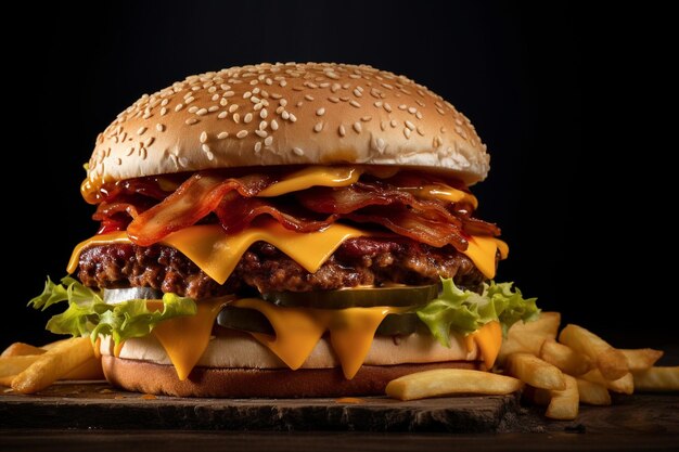 Front view burger with french fries