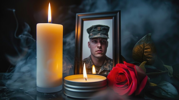 Photo front view of burning candle with smoke and red rose flower with pictures frame mockup army man photo in frame