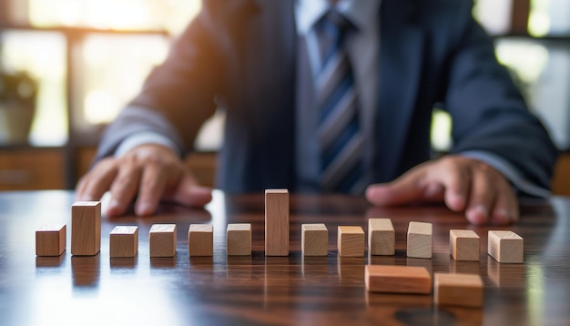 Photo front view of business executive sitting at his office desk stopping domino effect with the palm of