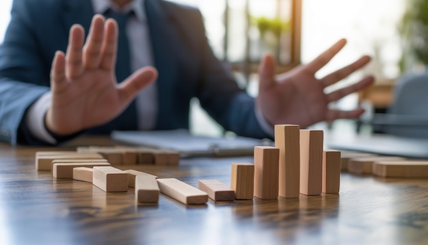 Photo front view of business executive sitting at his office desk stopping domino effect with the palm of