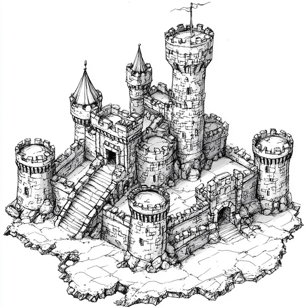 Front view Castle for a fantasy map black and white with white background