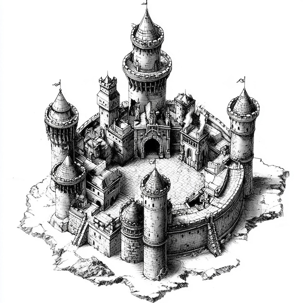 Front view Castle for a fantasy map black and white with white background