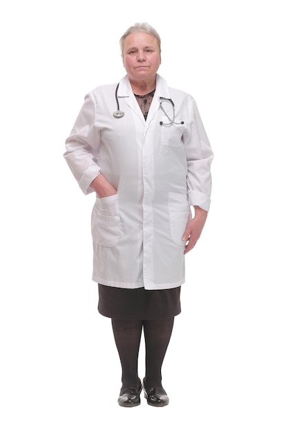 Front view of caucasian doctor is smiling on white isolated background with arms crossed