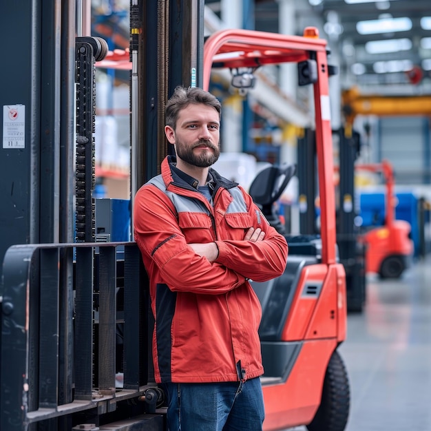 Front view of Caucasian male warehouse worker standing with arms crossed in warehouse This is a fre