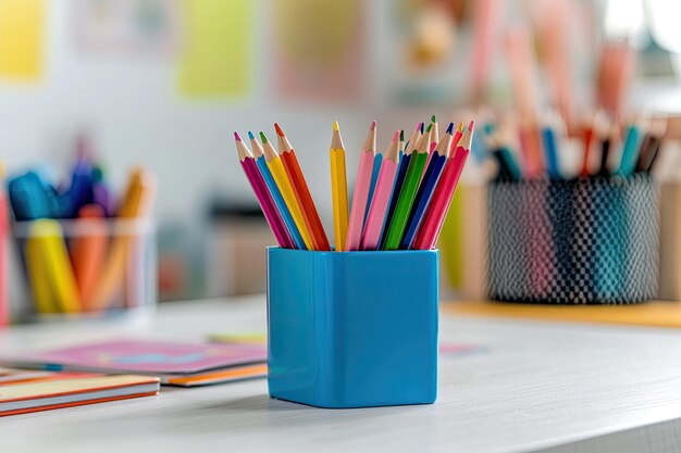 Photo front view of childrens desk with organizer and pencils