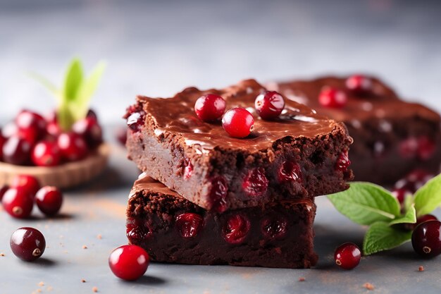 Front view of chocolate brownies with cranberries on the light surface