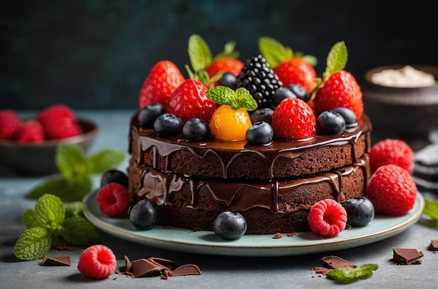 Front view of chocolate cake with fruit and mint