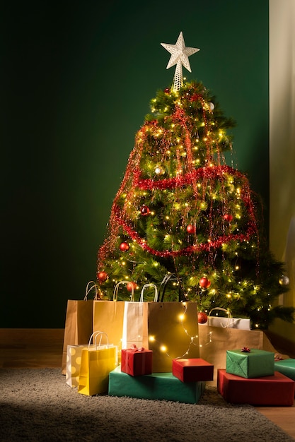 Front view of christmas tree and gifts