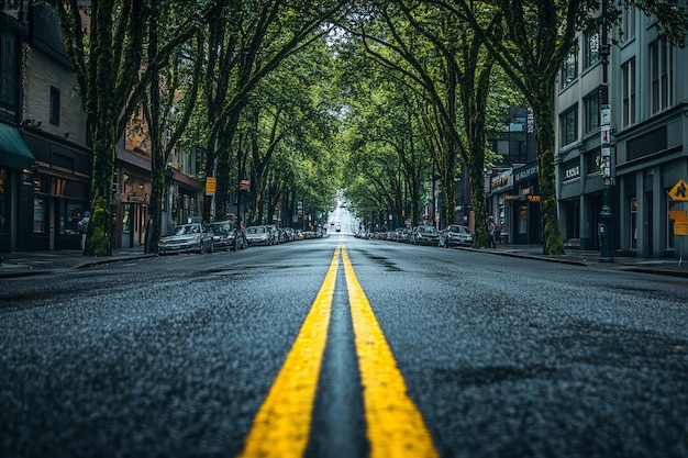 Front view of city street view with trees