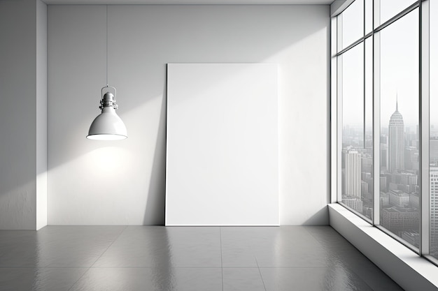 Front view of a clean white canvas with a city view from the side a lamp and daylight a mockup