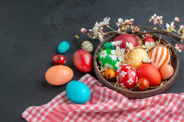 front view colored easter eggs on dark background spring novruz horizontal concept ornate easter