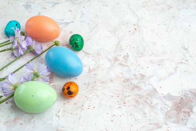 front view colored painted eggs on white background novruz ornate spring colourful horizontal holiday concept