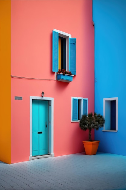 front view of a colorful house in a minimalist style visual impact photo Generative AI