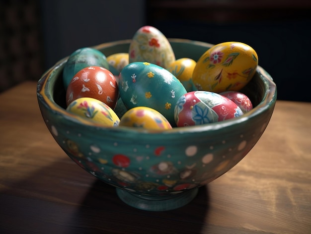 Front view of colourful wax painted easter eggs in bowl on wooden table dark background spring holiday generative ai