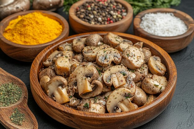 Photo front view cooked mushrooms with dough pasta on a dark table meal food dinner