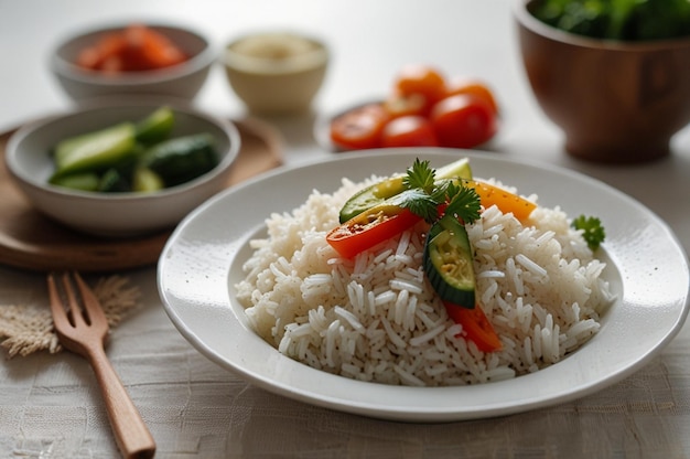 Front view cooked rice with fresh sliced vegetables inside white plate on the white floor