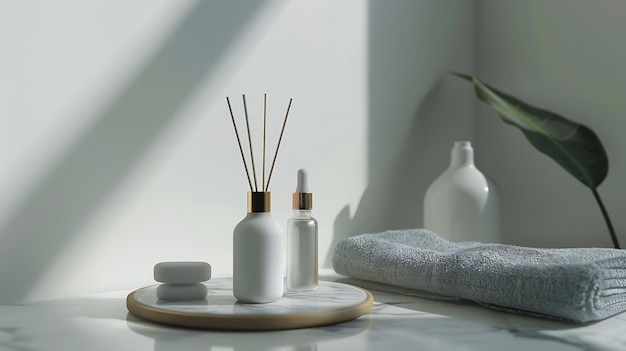 Front view of cosmetic bottle unlabeled placed on marble tray with gray towel in the Generative AI