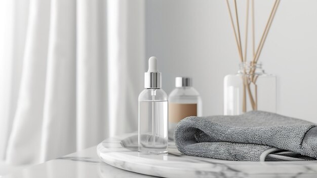 Front view of cosmetic bottle unlabeled placed on marble tray with gray towel in the Generative AI