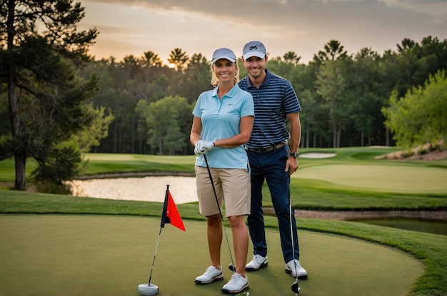 Front view couple playing golf in nature