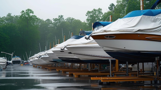 Front View of Covered Boats in Summer Yacht Storage Area