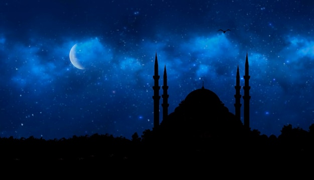 Front view of crescent shaped moon and mosque in front of night cloudy and starry sky. ramadan, the holy month of muslims. Silhouette mosque