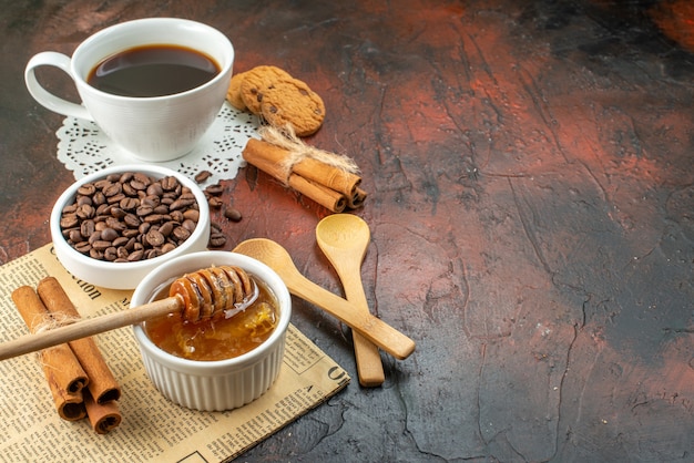 front view cup of coffee with biscuits and honey on dark background breakfast cocoa sugar cookie color morning sweet tea