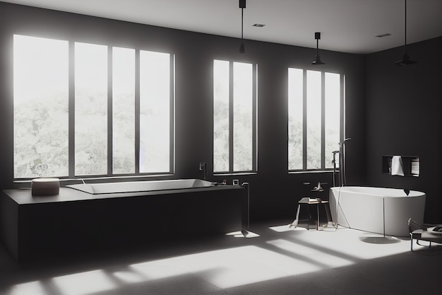 Front view of dark bathroom interior with bathtub with gray walls and concrete floor 3d rendering