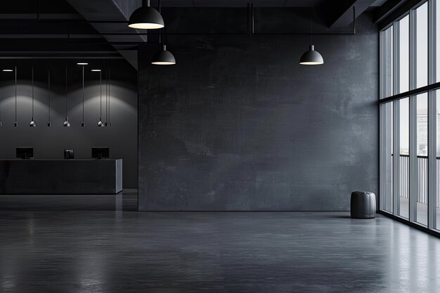 Photo front view on dark office interior with empty grey wall