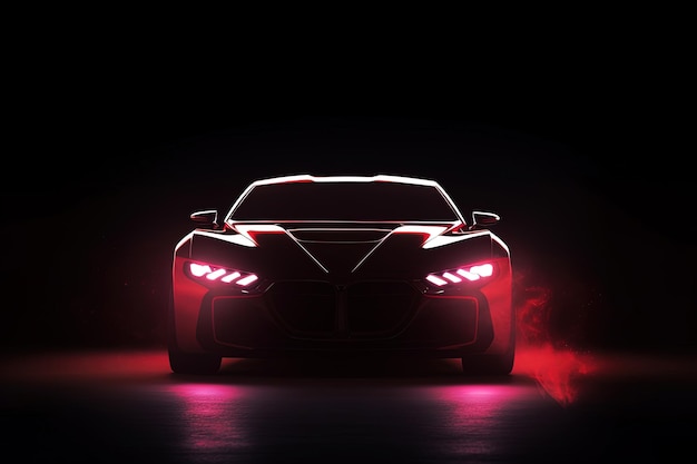 Front view dark silhouette of a modern sport red car isolated on dark background with red neon light