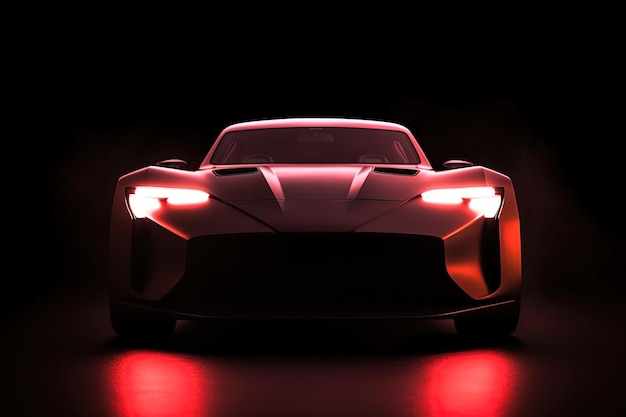 Front view dark silhouette of a modern sport red car isolated on dark background with red neon light