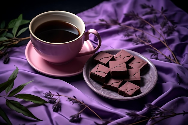 A front view delicious brownies inside purple forms chocolate based along with candies