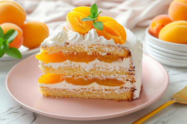 Front view of delicious cake slice with cream and fresh apricots inside pink plate on the light desk